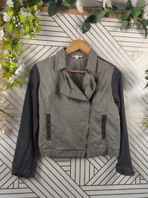 Eileen Fisher Coated Organic Linen Stone Asymmetric Zip Moto