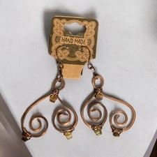 Dangle Copper Earrings Artisan Crafted Swirls Crystals Hammered Boho Bohemian