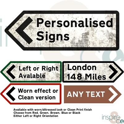 Individueller linker rechter Punkt - Metall Wandschild - personalisiert UK Straßenrichtung Pfeil