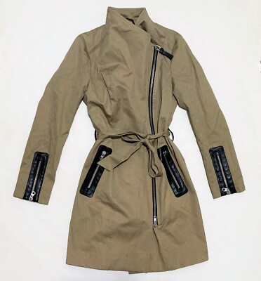 Mackage Estela Cotton Leather Trim Belted Collared Full Zip Trench Coat  Jacket S