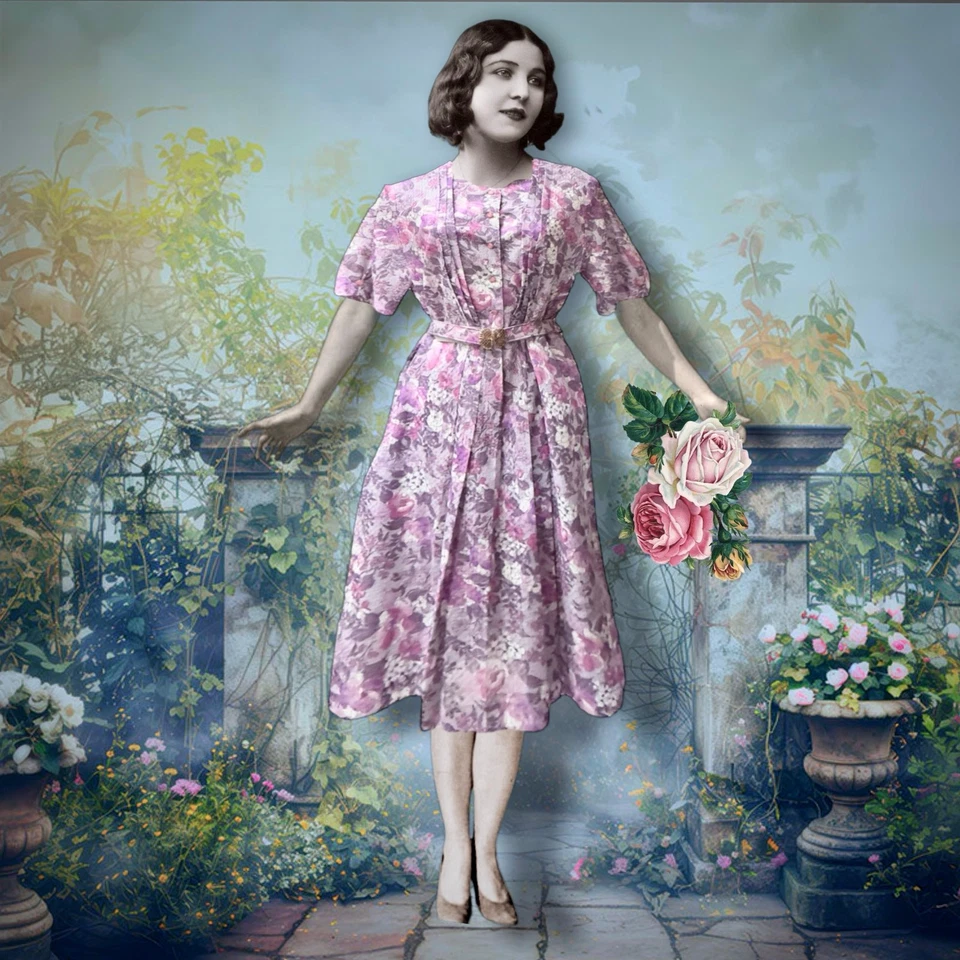 Large Garden Dress Lucite Buttons Art Deco Buckle Belt Vintage Purple Floral - Image 2 of 4