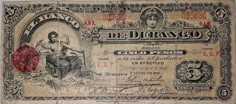 $5.00 pesos banknote date 05/23/ 1914  from Durango, Mexico, note is fair  good