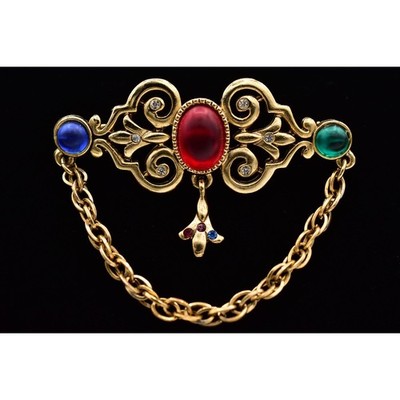 AJC Vintage Victorian Cabochon Pin Brooch Antiqued Gold Chain Signed 1980s BinBP