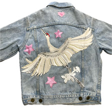 S Jean Jacket Denim Jacket Red Crowned Crane Bird Patches VTG USA 1980  s 1990  s