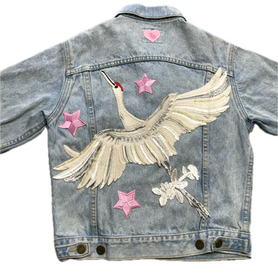 S Jean Jacket Denim Jacket  Red Crowned Crane Bird Patches VTG USA 1980 s 1990 s