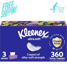 Kleenex Ultra Soft Facial Tissues, 3 Flat Boxes, 120 Tissues per Box, 3-Ply -360