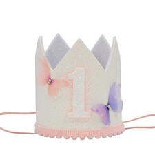 1st Birthday Crown Hat with Glitter, Pink Trim and Butterfly Embellishment,