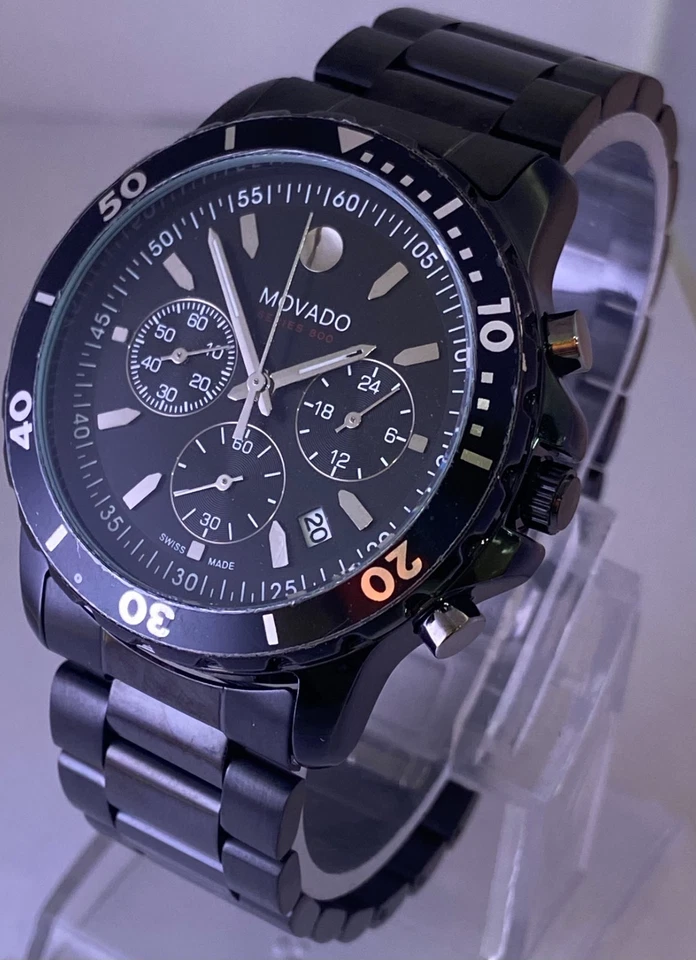 Восстановленный полностью черный хронограф Movado с датой, кварцевые часы из нержавеющей стали - Изображение 3 из 4