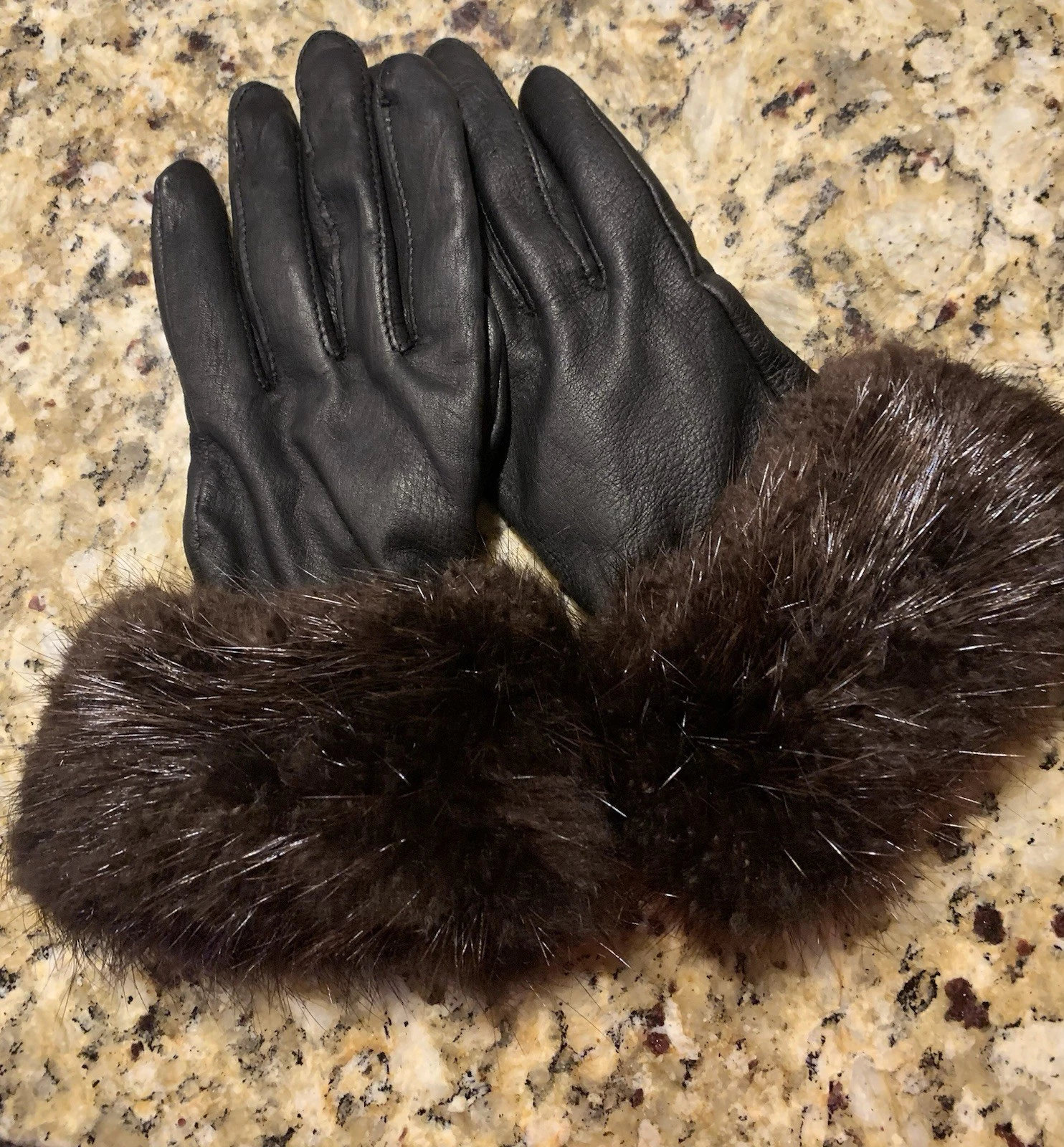 VTG BLACK LAMBSKIN LEATHER GLOVES Lined Brown Mink Fur Cuff Fits M/L