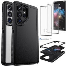 For Samsung Galaxy S22 Ultra 5G Black Clear Rubber Case Cover / Tempered Glass