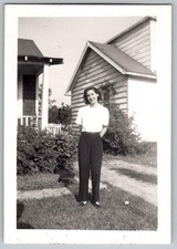Vtg B&W Snapshot Smiling Woman In White Shirt And High Waisted Slacks 1940s