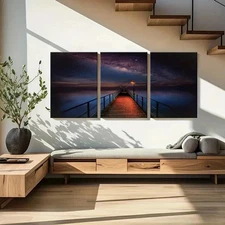 3pcs Starry Sky Night Scene Lake Bridge Wall Art Canvas Framed 50x70cm