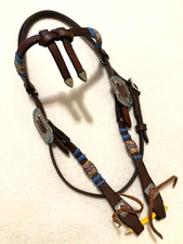 Gorgeous Blue Red Cream Rawhide Silver Futurity Knot Horse Show Headstall Bridle