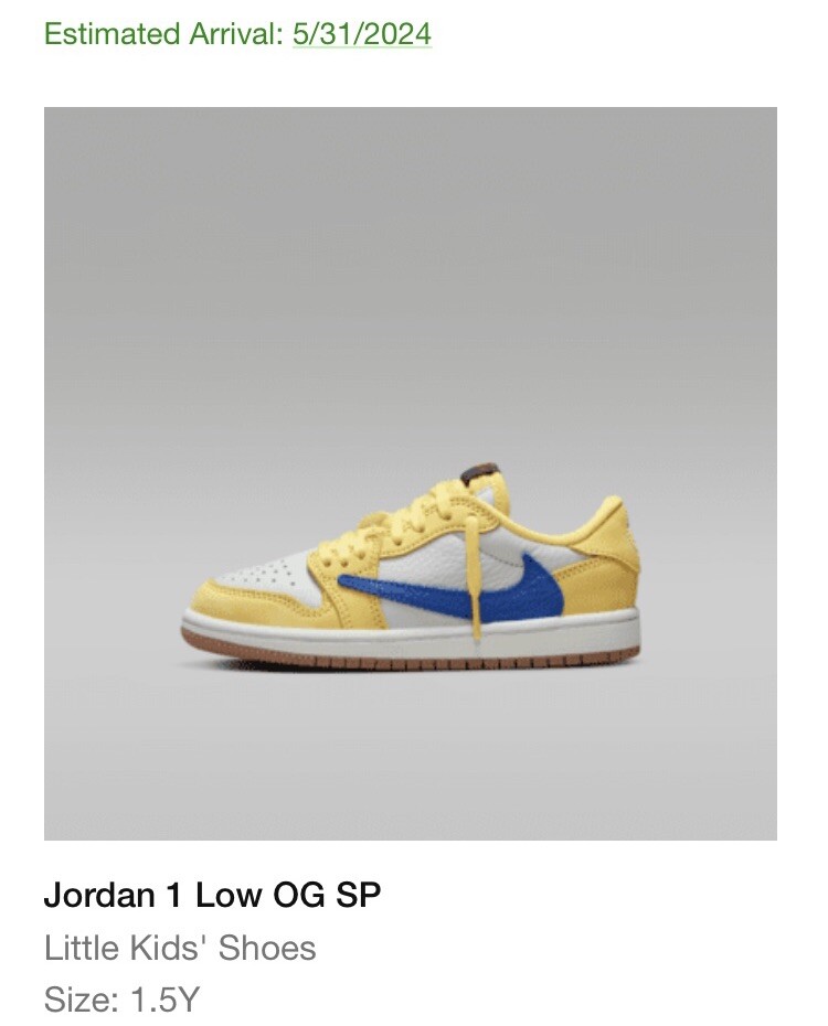 TRAVIS SCOTT X JORDAN 1 RETRO LOW OG SP PS 'CANARY' SIZE 1.5 YOUTH