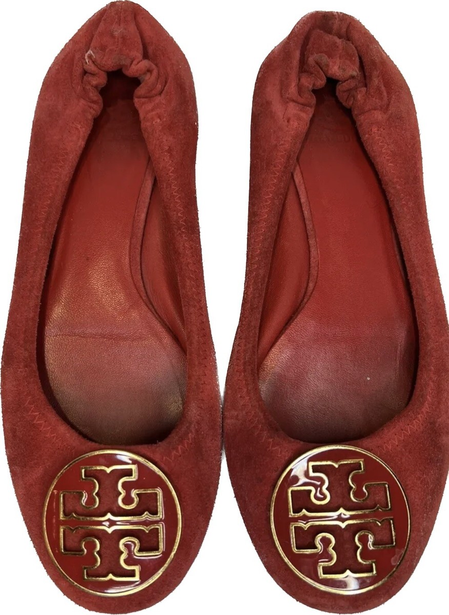 Tory Burch Reva Ballet Flats Red Suede Slip On Shoes Gold