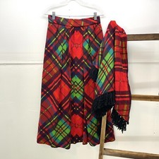 Vintage 60s 70s Rainbow Plaid Full Maxi Skirt with Matching Fringe Shawl