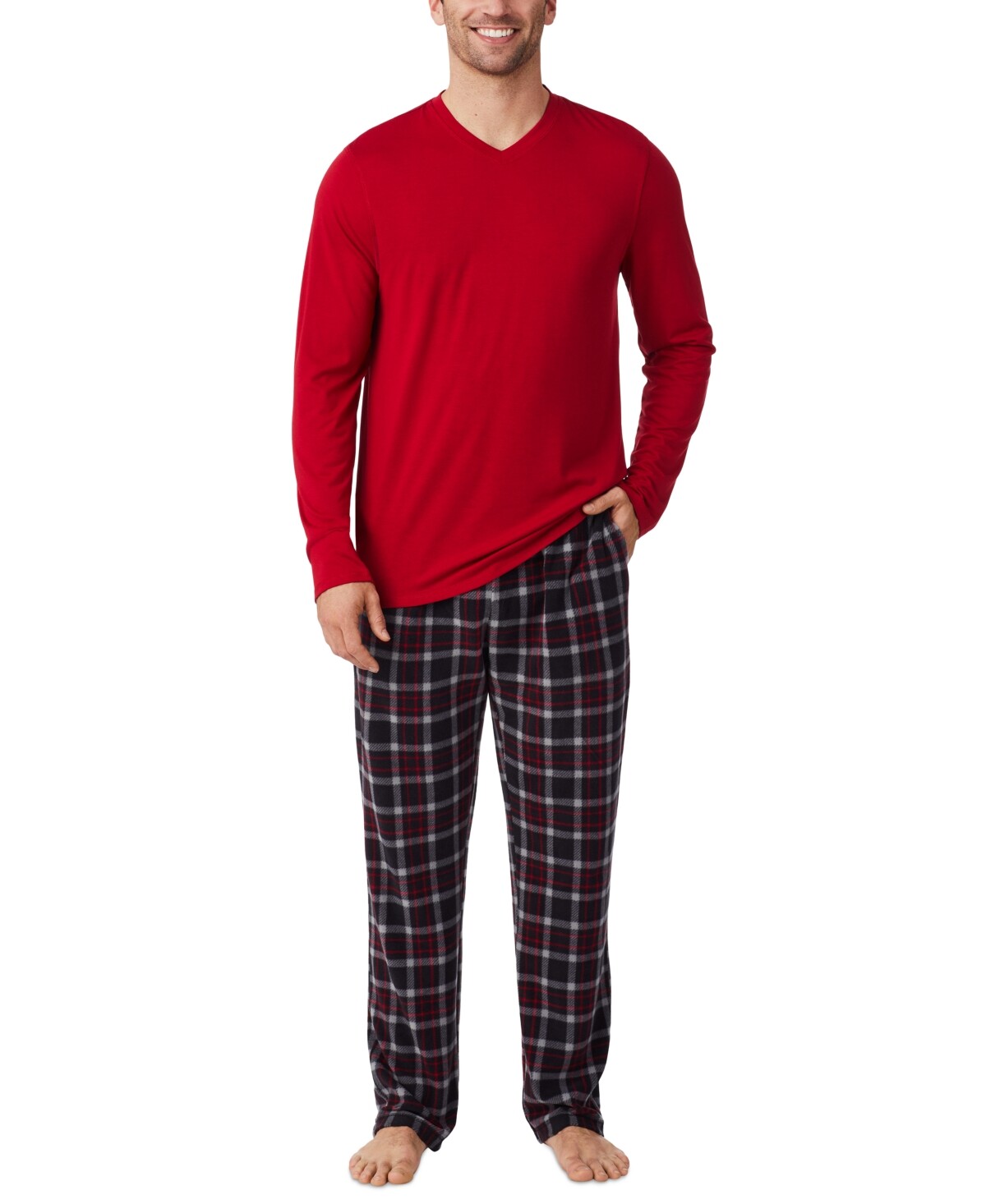Cuddl Duds Mens 2Pc. Pajama Set Solid Long Sleeve Shirt Black Red