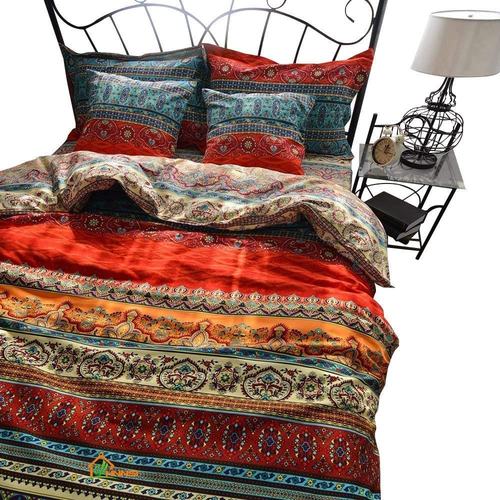 4 Pieces Bohemian Duvet Cover and Fitted Sheet Sets King Size, Brushed Cotton Bo
