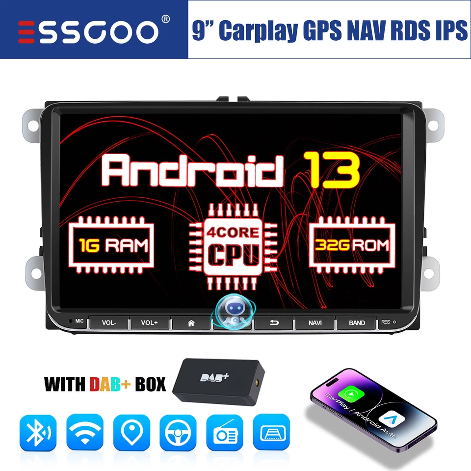 Android 13 DAB+ Autoradio 9" mit Bluetooth GPS NAV RDS Für VW GOLF Passat Touran