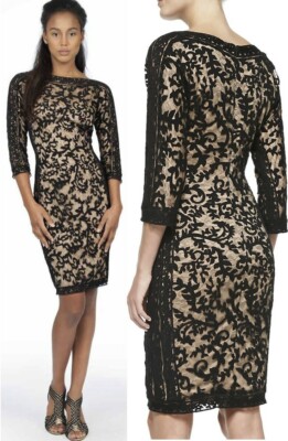 Tadashi Shoji Embroidered Lace Panel Black Nude Cocktail Dress