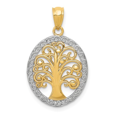 Avariah massiv 14k Gelbgold mit Rhodium Baum des Lebens Anhänger - 20 mm