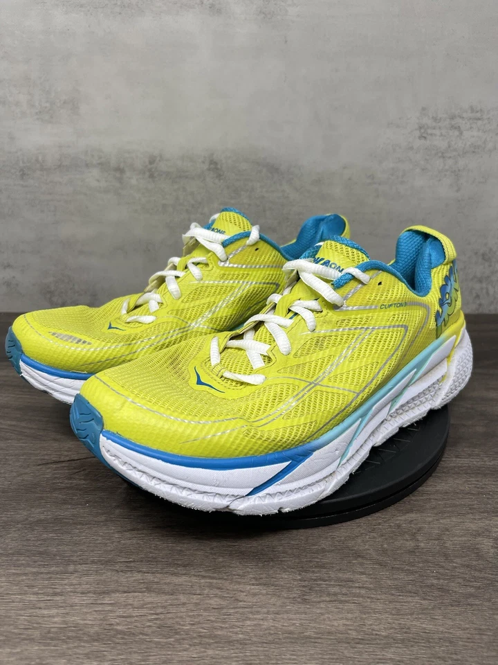 HOKA Shoes Womens 10 Clifton 3 One One Running Yellow White Blue - Image 2 of 4