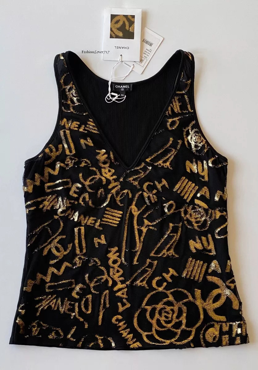 NWT $1500 19A PARIS NEW YORK CHANEL GOLD BLACK GRAFFITI TOP SHIRT 44