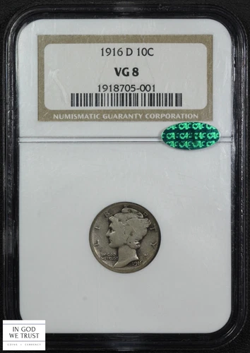 1916 D Mercury Silver Dime 10C NGC VG 08 CAC