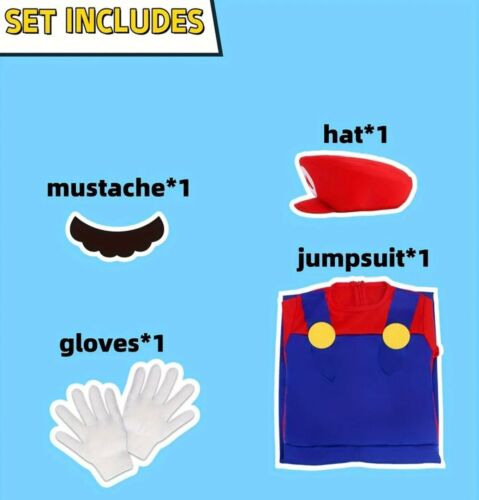 Men's Adult Mario Costume Red Plumber Cosplay Halloween Costume Full Set Large - Picture 3 of 10
