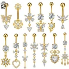Women's Stainless Steel Body CZ Belly Ring Flower Pendant 14G Bar Navel Piercing