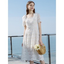 Womens Short Sleeve Lace Square Neck Mid Long Dress Holiday Summer A Line Ladies