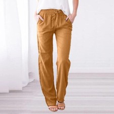 Women Cotton Linen Trousers Ladies Summer Casual Elastic Waist Bottoms Pants UK