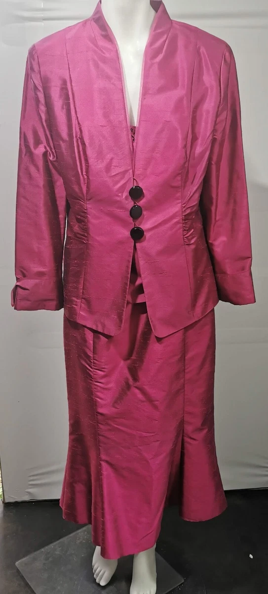 VERA MONT cerise pink 100 silk top jacket skirt wedding occasion suit hat 16