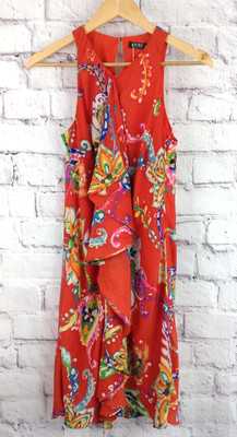 Ralph Lauren Kleid Rüschen vorne orange Blumen ärmellos US 4 X Small (JF159F05)