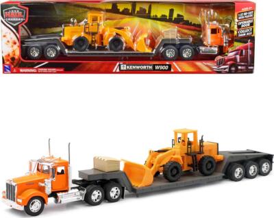 Kenworth W900 Truck with Lowboy Trailer Orange and Wheel