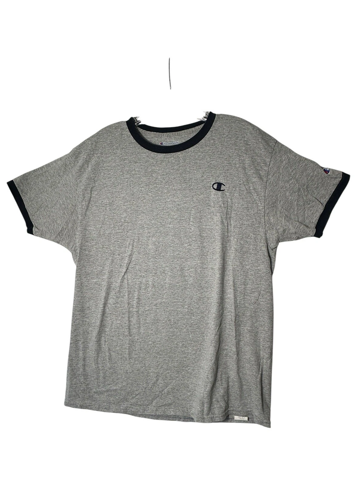 Champion T-Shirt Mens Large gray Crewneck Embroidered Navy Blue Logo Guys Shirt