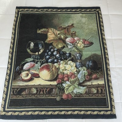 Still Life Fruit And Wineglass Woven Tapestry Wall Hanging 33 1/2  X 41 1/2 