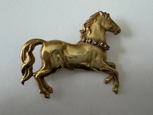 Vintage Miriam Haskell Brooch Pin Horse With Rhinestones Gold Tone 2”