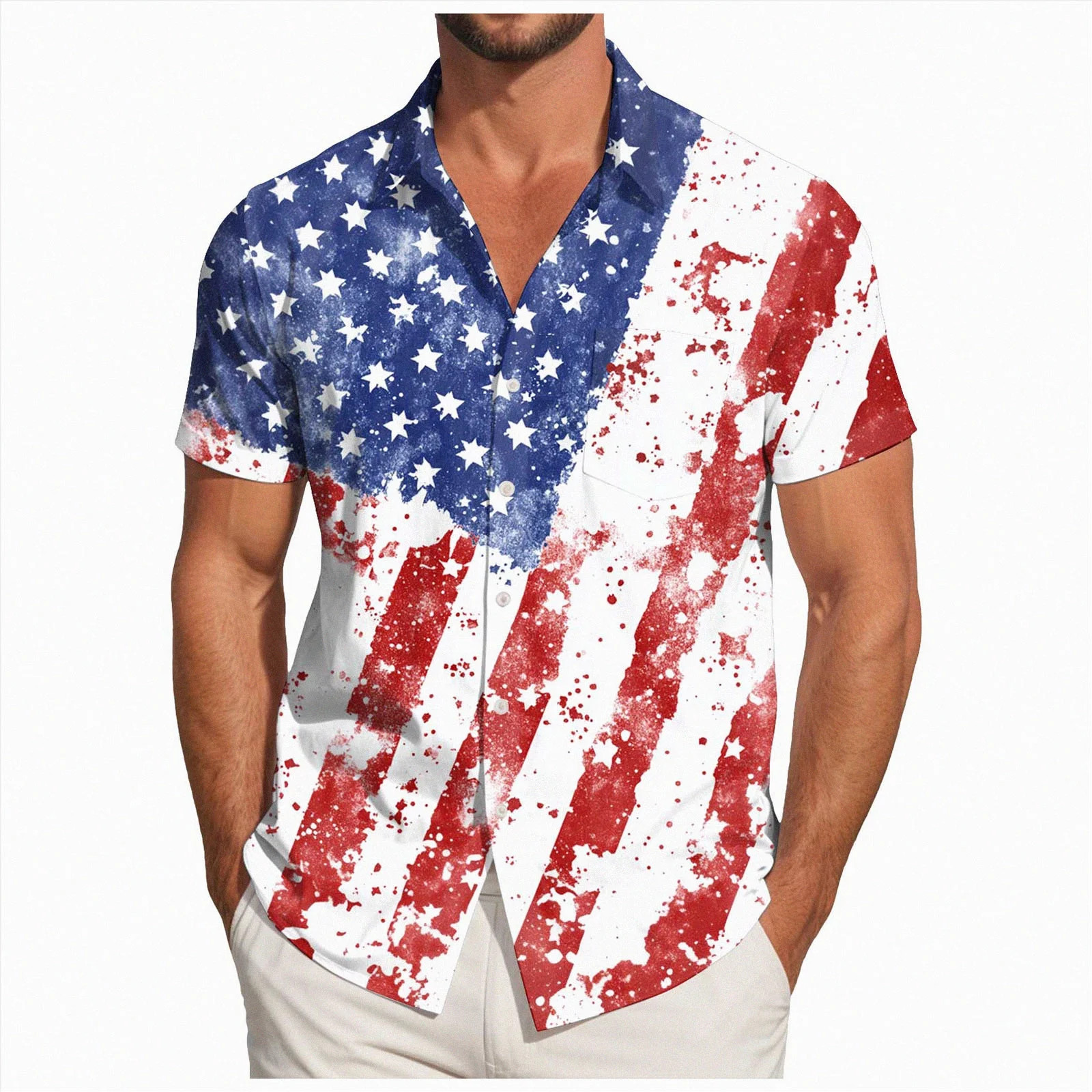 Men's American Flag Hawaiian Shirt 4th of July Button Up Short Sleeve White
