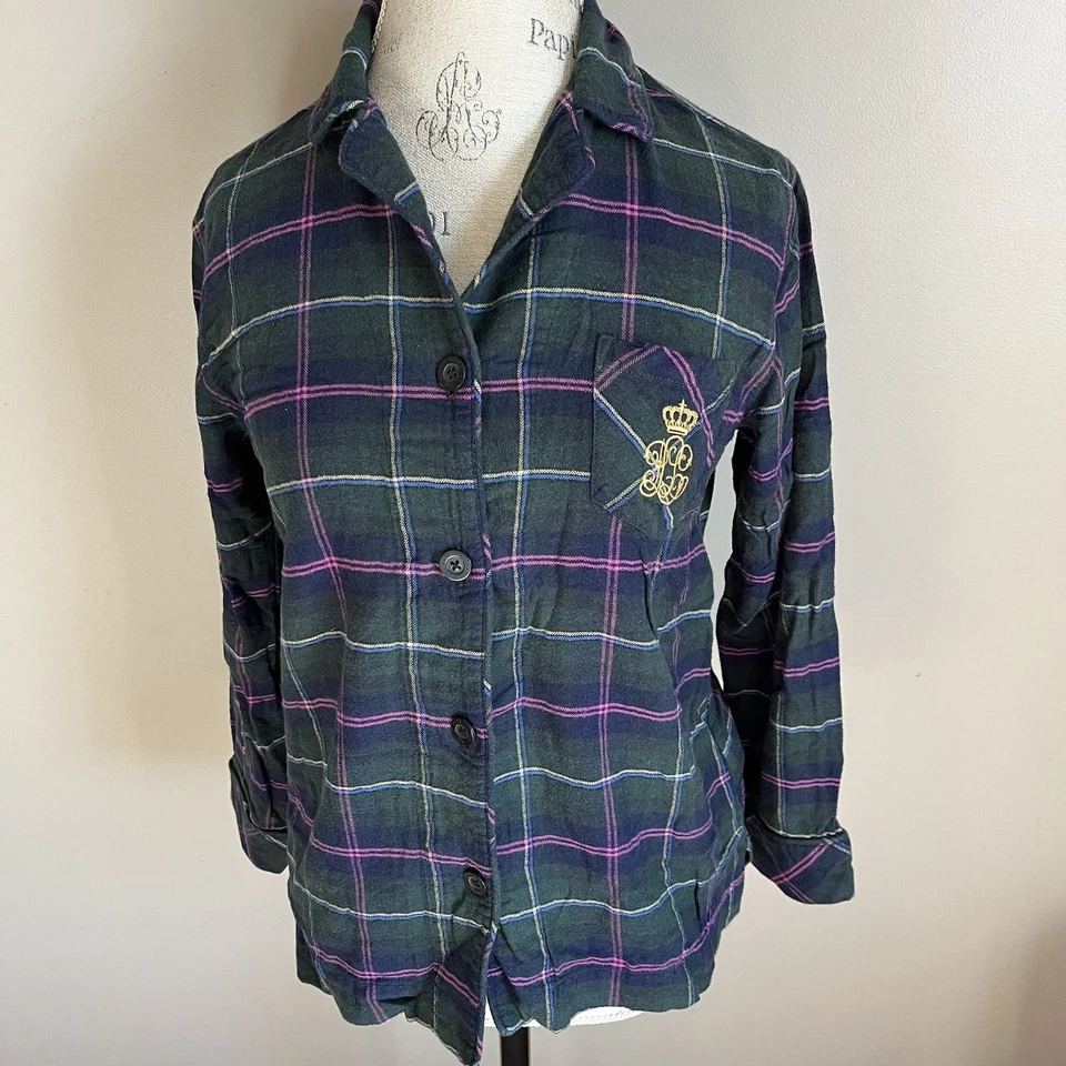 Ralph Lauren LRL Conjunto de Pijama de Franela a Cuadros Verde Púrpura Talla S Cresta Dorada Pijamas Acogedores Foto 3 de 4