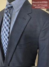 Holland & Sherry Bespoke Blazer 48XL Men Navy Blue Plaid w OverCheck Suit Jacket