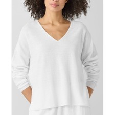 Eileen Fisher White Organic Linen Cotton V-Neck Boxy Sweater Large S18OLF