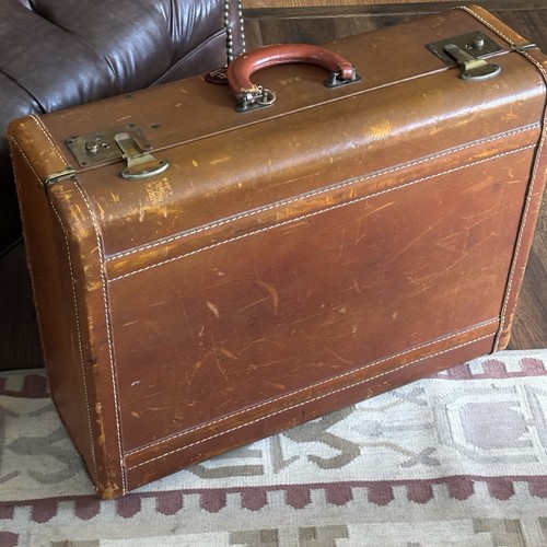 Vintage Leather Suitcase Luggage Saddle Tweed Interior “Well Traveled”