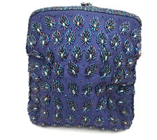Beaded Evening Clutch Purse Navy Blue Iridescent Glass Bugle Beads Kiss Lock Vtg