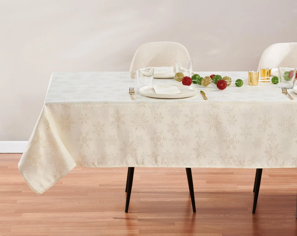 Christmas Tablecloth, White & Gold Snowflake Table Cloth, Metallic Fabric Tab... - Image 2 of 4