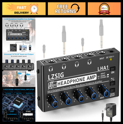 4-Channel Metal Headphone Amplifier, Stereo Audio with Bass Boost, Mini Splitter