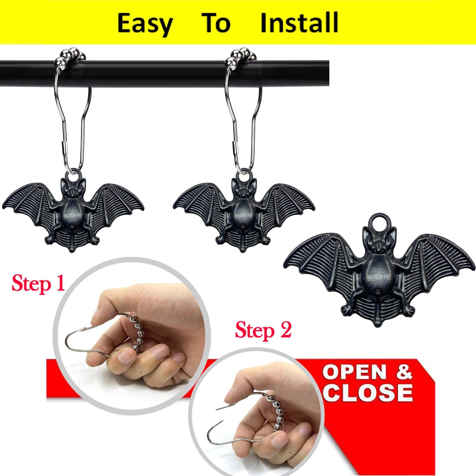 Set of 12 Bats Shower Curtain Hooks Rings Halloween Party Supplies Black-bat