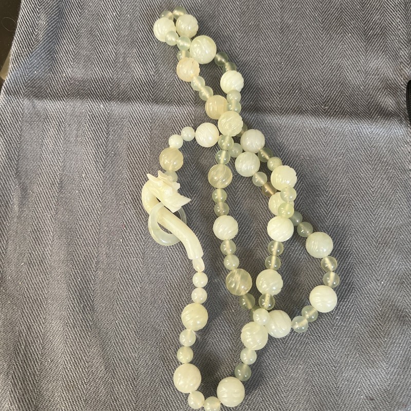 Vintage Chinese Hand Carved Beaded Green Jade Necklace with Dragon Closure 28”