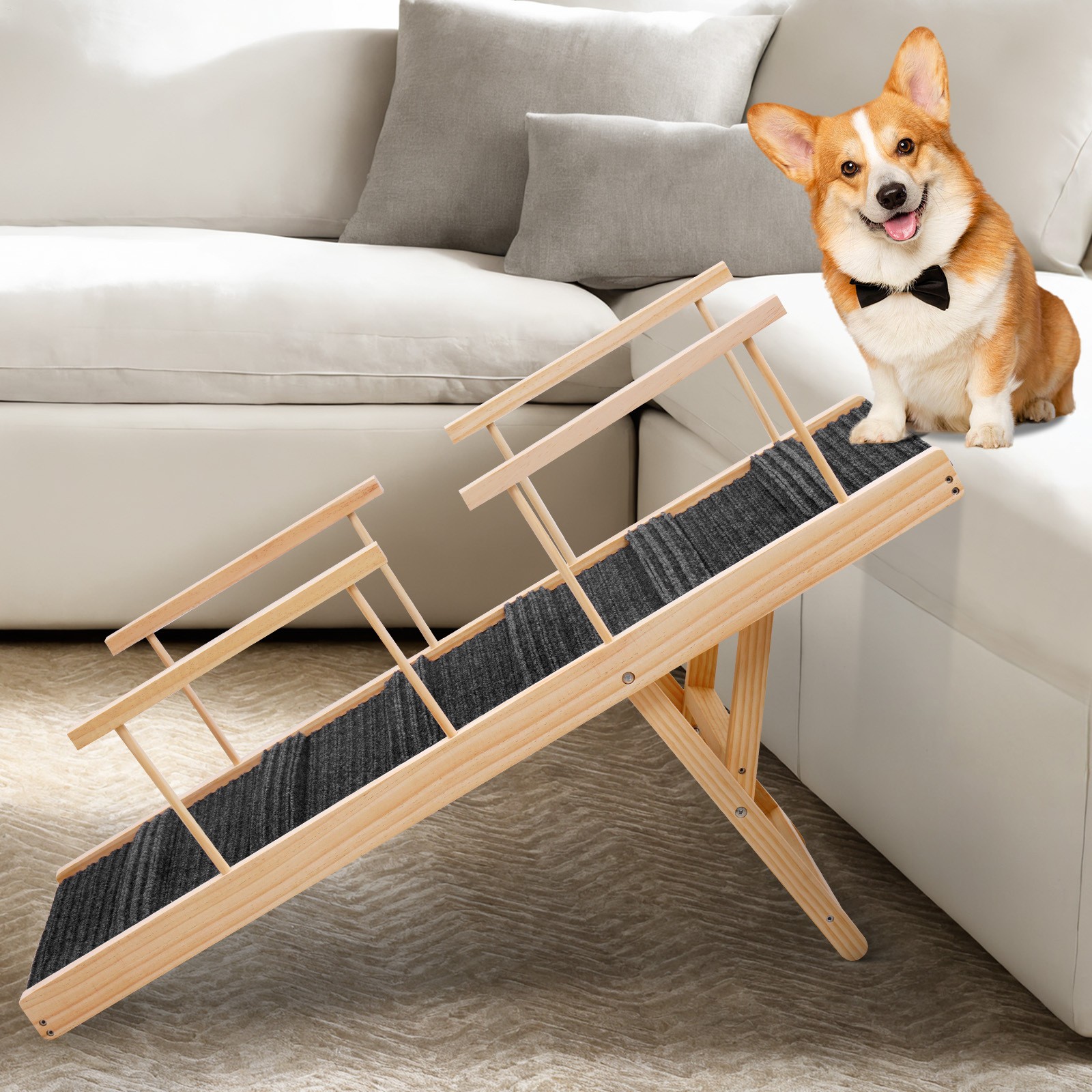 Foldable Pet Ramp - Dog Cat Ramp Wooden Non-Slip Ladder for Indoor Bed Couch