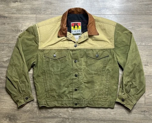 Kakadu Trader Australia Size L jacket Two Tone Olive & Tan Cotton Leather Trim - product listing photo